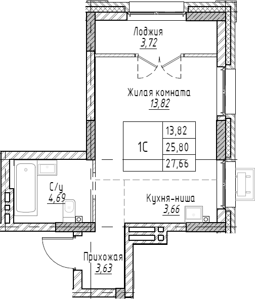 Планировка — Рафинад, Студия, 28 м²