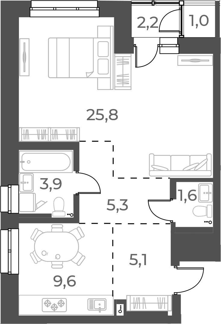 Планировка — Нормандия-Неман, 1-комн., 51 м²