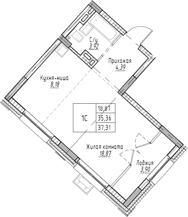 Планировка — Рафинад, Студия, 37 м²