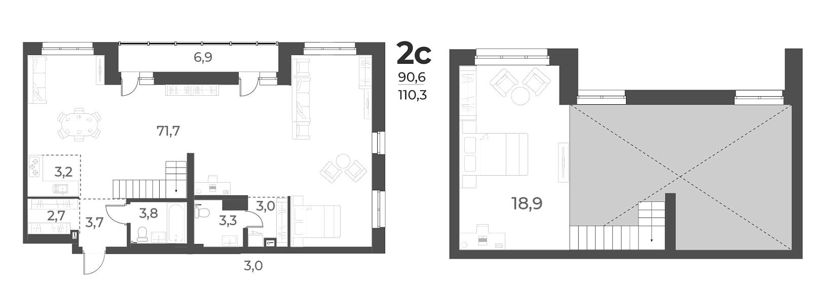 Планировка — Нормандия-Неман, 2-комн., 110 м²