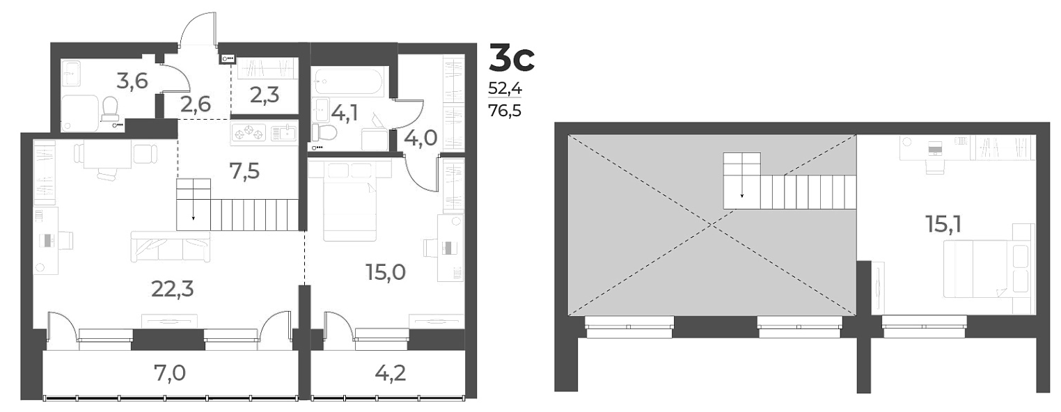 Планировка — Нормандия-Неман, 3-комн., 77 м²