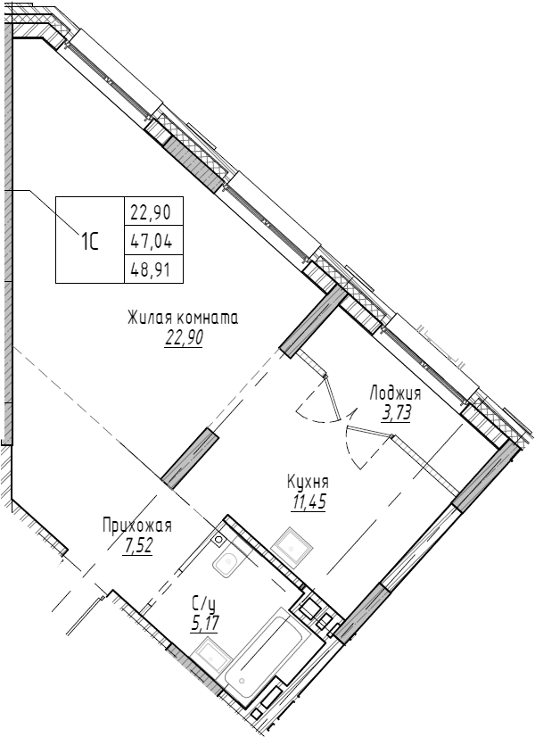 Планировка — Рафинад, 1-комн., 49 м²