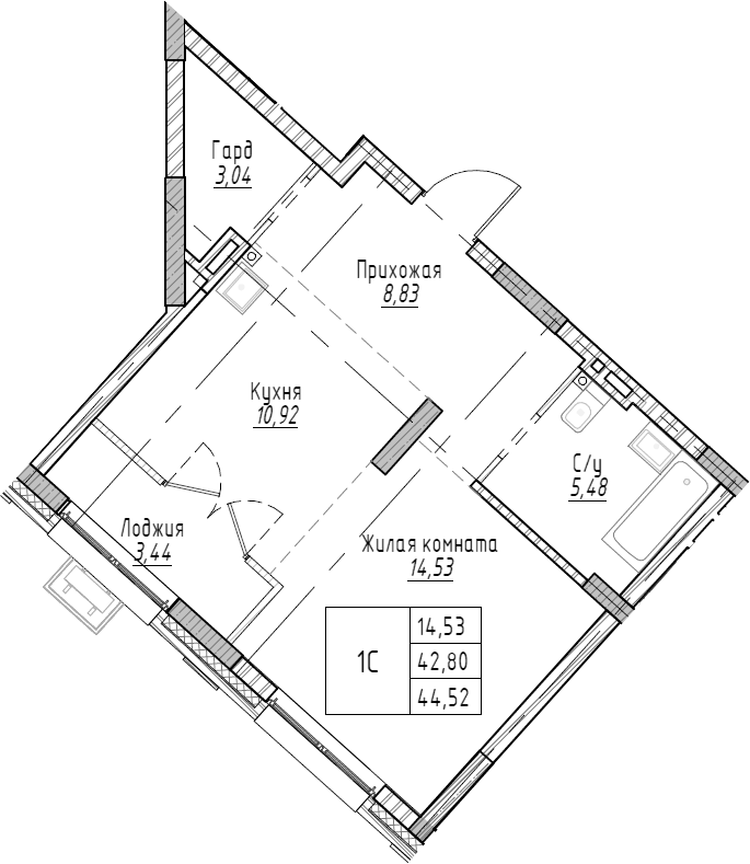 Планировка — Рафинад, 1-комн., 45 м²