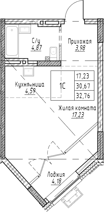 Планировка — Рафинад, Студия, 33 м²