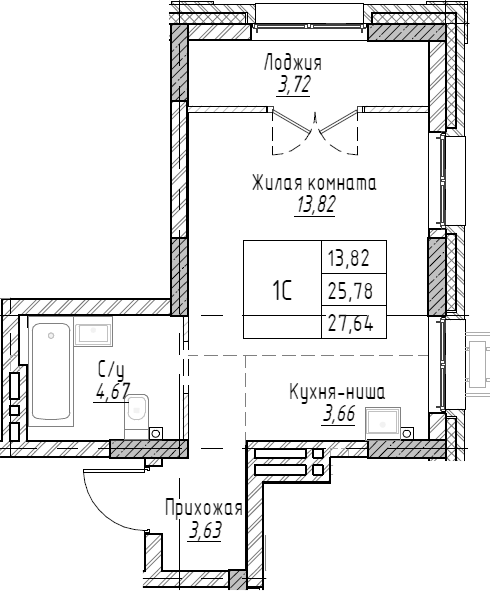 Планировка — Рафинад, Студия, 28 м²