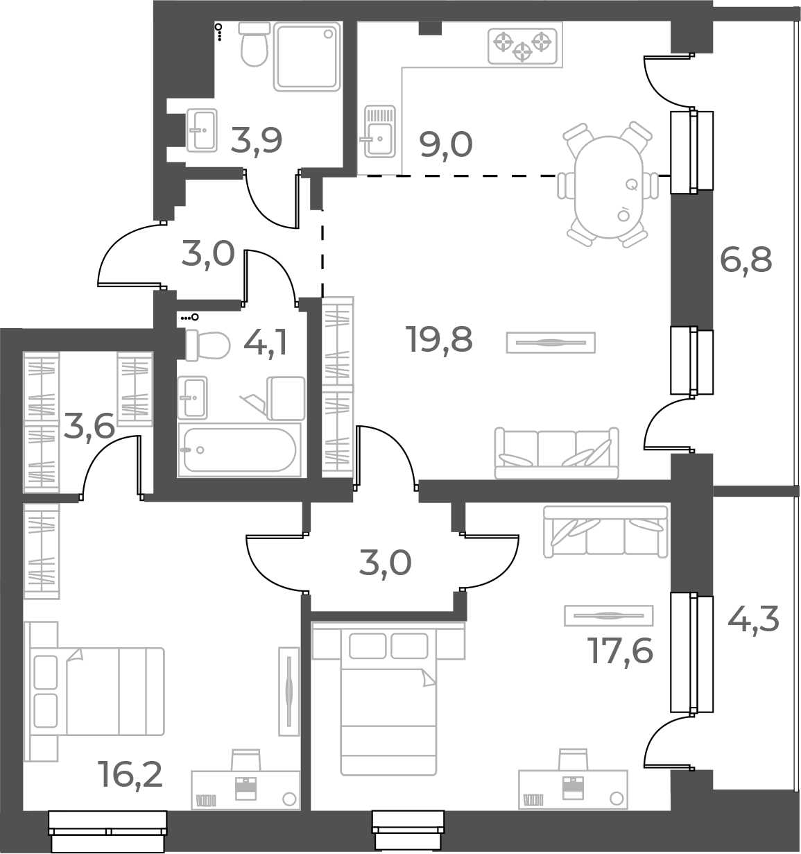 Планировка — Нормандия-Неман, 3-комн., 80 м²