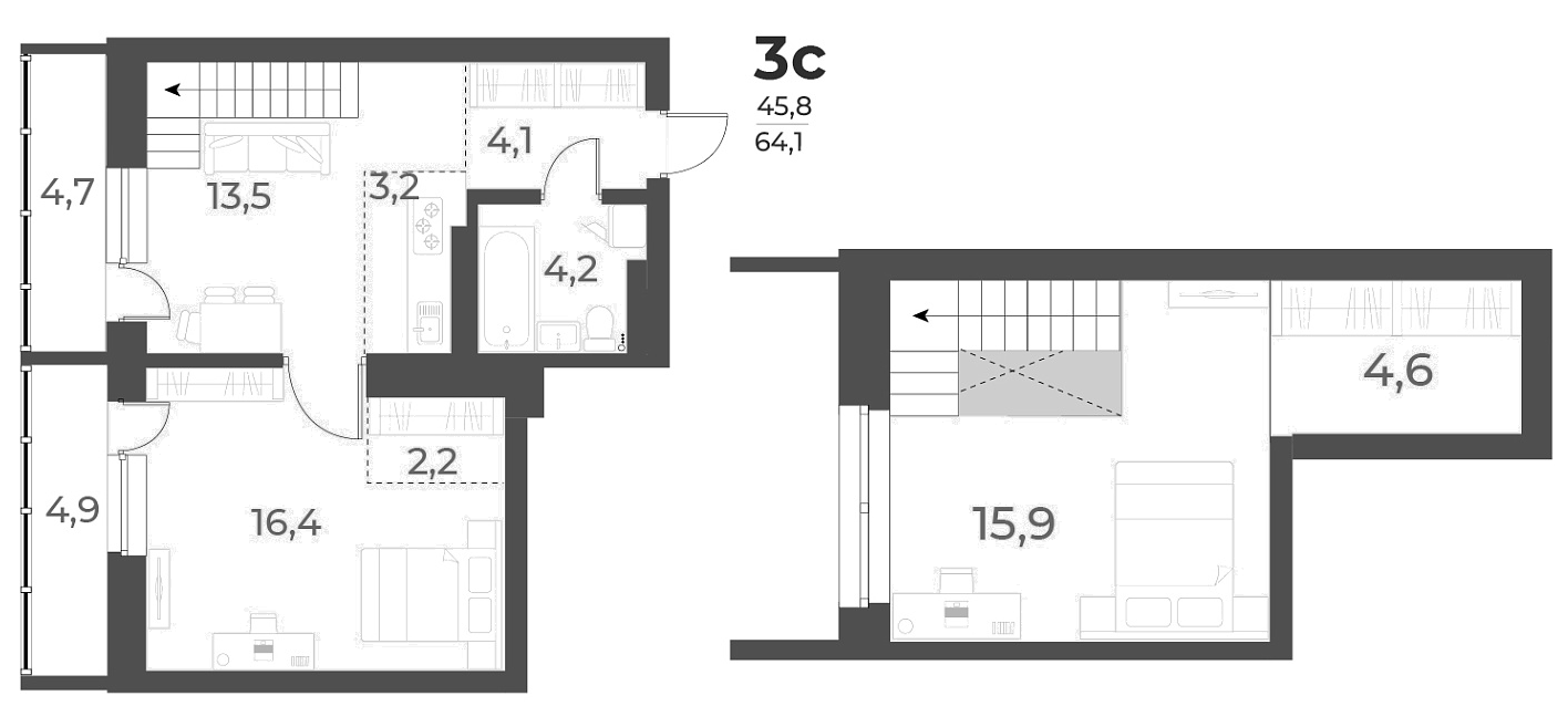 Планировка — Нормандия-Неман, 3-комн., 64 м²