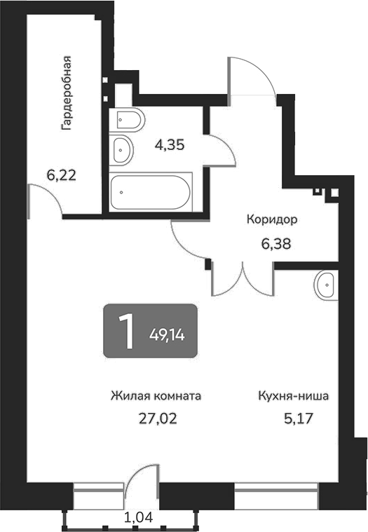 Планировка — Марсель-2, 1-комн., 49 м²