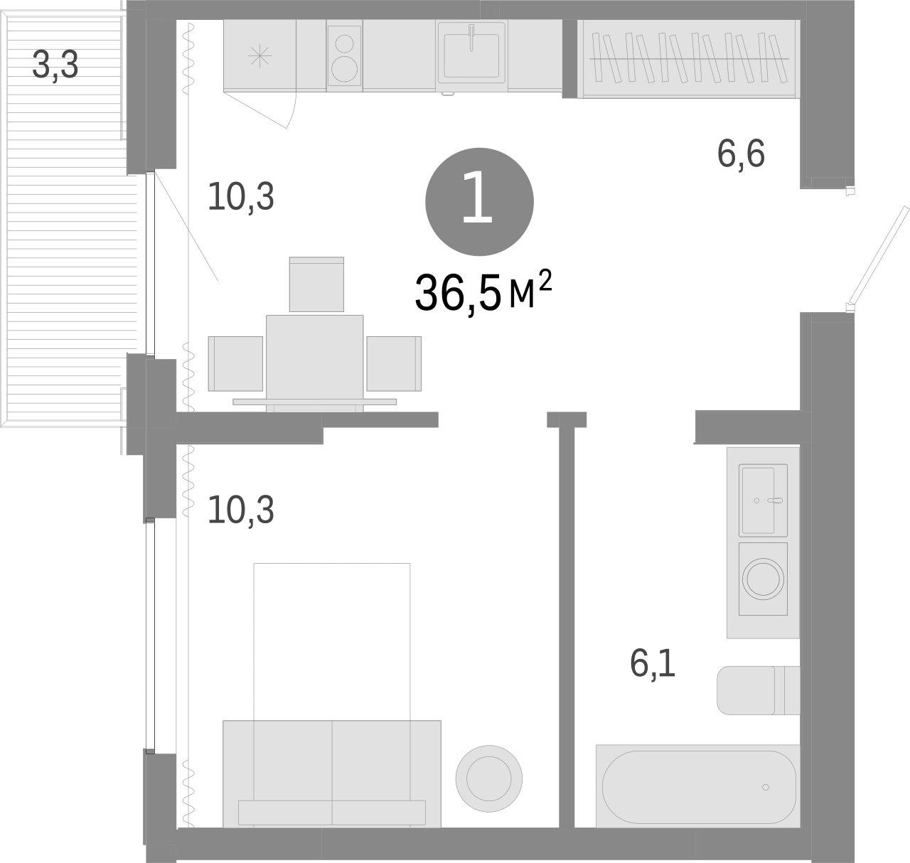 Планировка — Пшеница, 1-комн., 33 м²