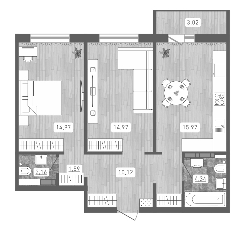 Планировка — Основа, 2-комн., 64 м²