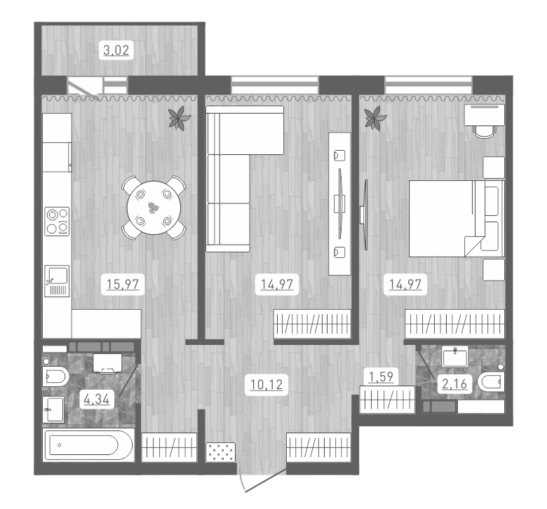 Планировка — Основа, 2-комн., 64 м²