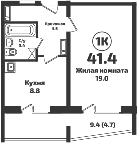 Планировка — Приозерный, 1-комн., 37 м²