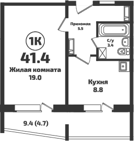 Планировка — Приозерный, 1-комн., 37 м²