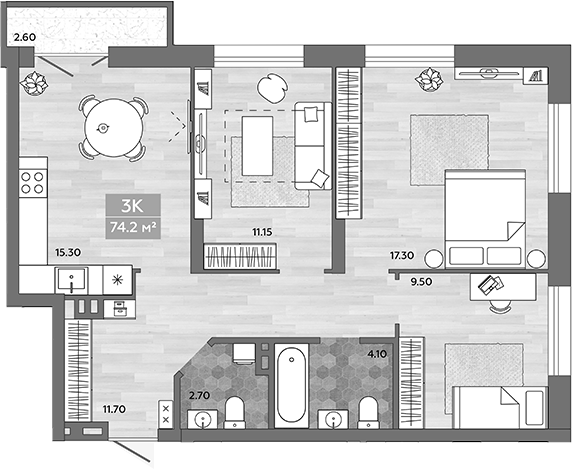 Планировка — На Королева, 3-комн., 72 м²