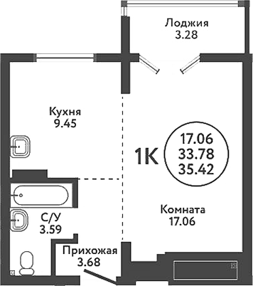 Планировка — Экополис, 1-комн., 34 м²