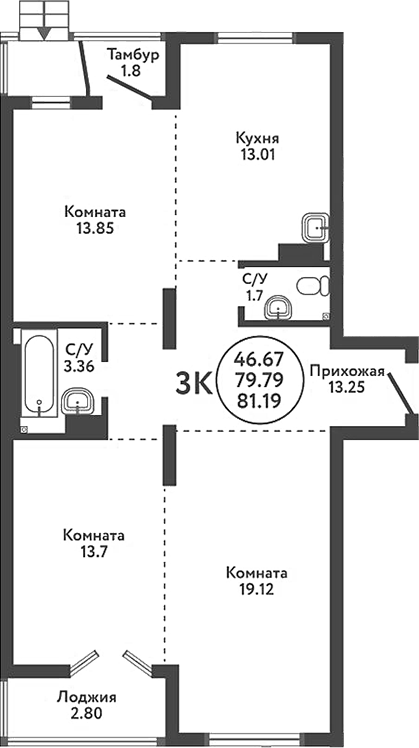 Планировка — Экополис, 3-комн., 82 м²