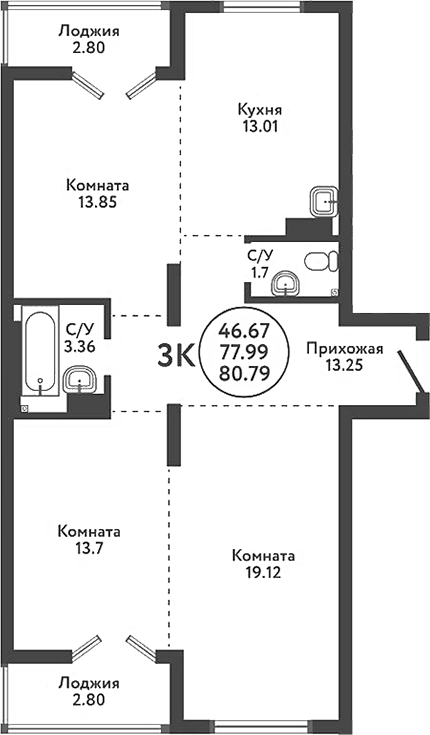 Планировка — Экополис, 3-комн., 78 м²