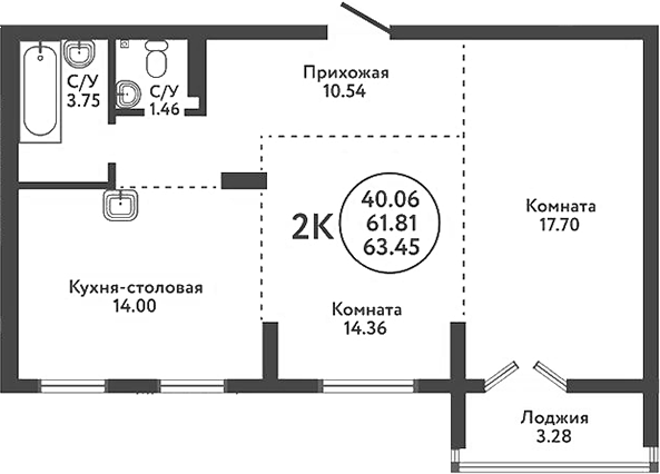 Планировка — Экополис, 3-комн., 62 м²