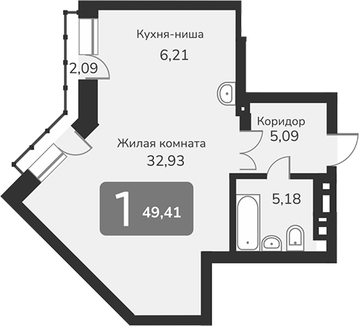 Планировка — Марсель-2, 1-комн., 49 м²