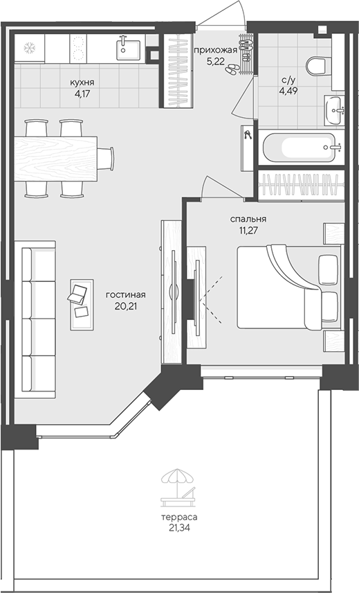 Планировка — Новый Кедровый, 2-комн., 45 м²