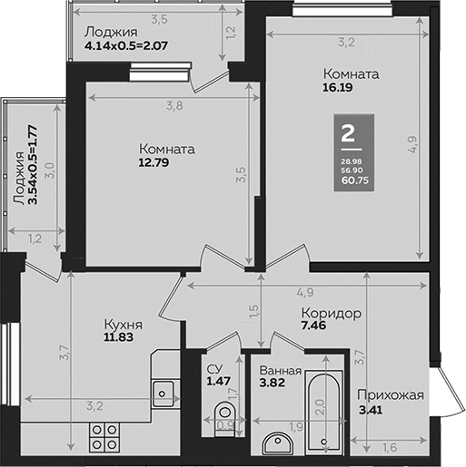 Планировка — Левада, 2-комн., 57 м²