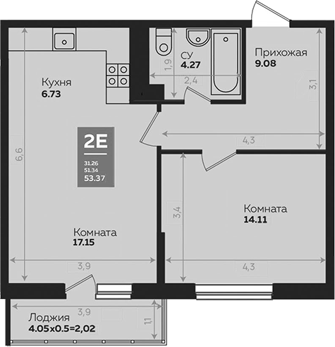 Планировка — Левада, 2-комн., 51 м²