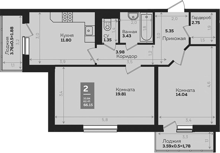 Планировка — Левада, 2-комн., 63 м²