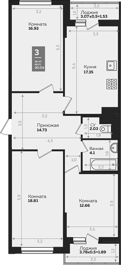 Планировка — Левада, 3-комн., 87 м²