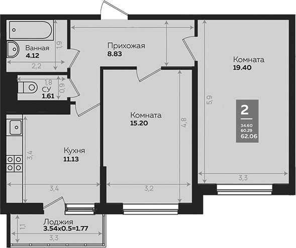 Планировка — Левада, 2-комн., 60 м²