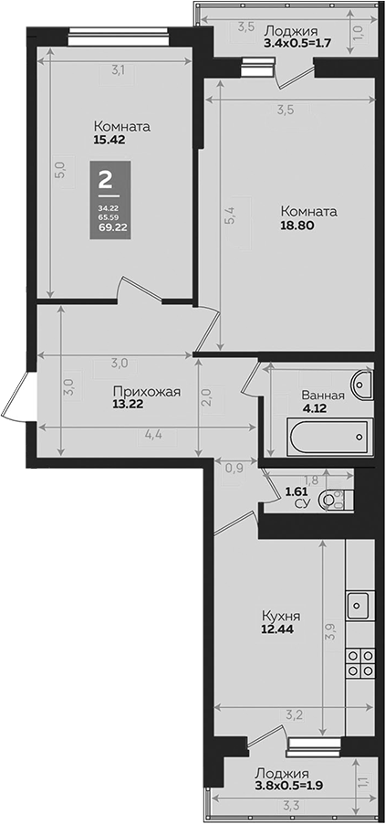 Планировка — Левада, 2-комн., 66 м²