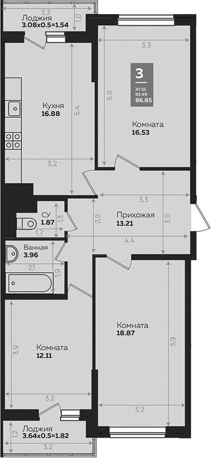 Планировка — Левада, 3-комн., 84 м²