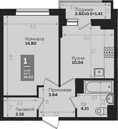 Планировка — Левада, 1-комн., 35 м²