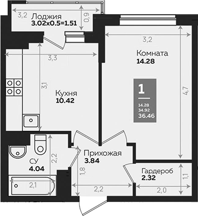 Планировка — Левада, 1-комн., 35 м²