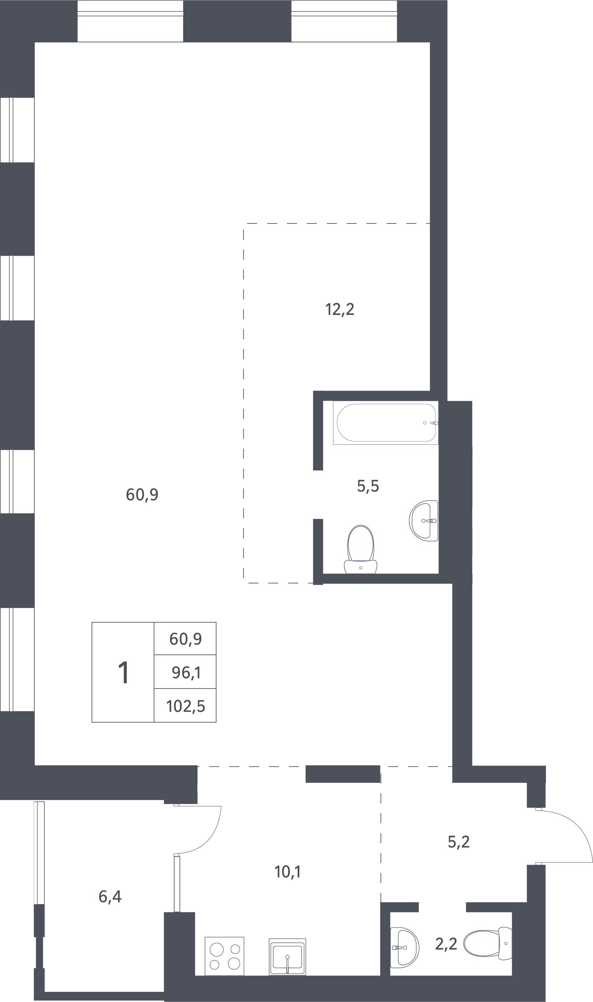Планировка — Новаторы, 1-комн., 96 м²