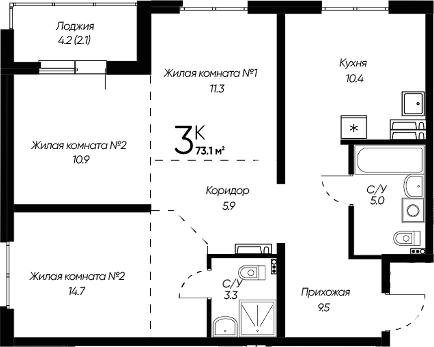 Планировка — Виноград, 3-комн., 71 м²