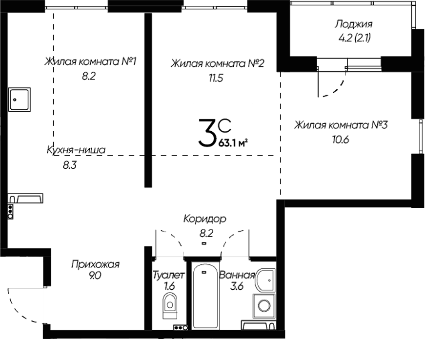 Планировка — Виноград, 3-комн., 61 м²