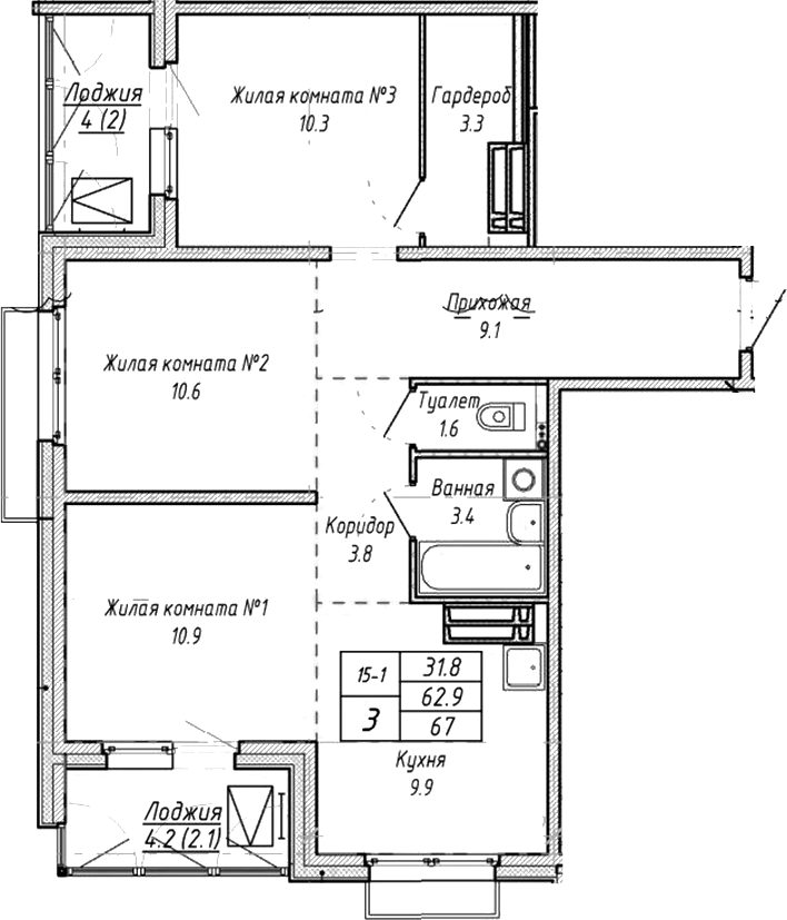 Планировка — Виноград, 3-комн., 63 м²