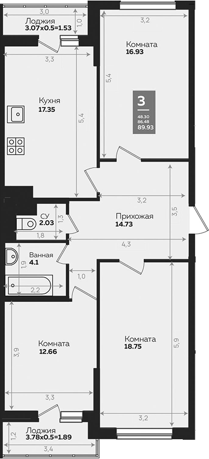 Планировка — Левада, 3-комн., 87 м²