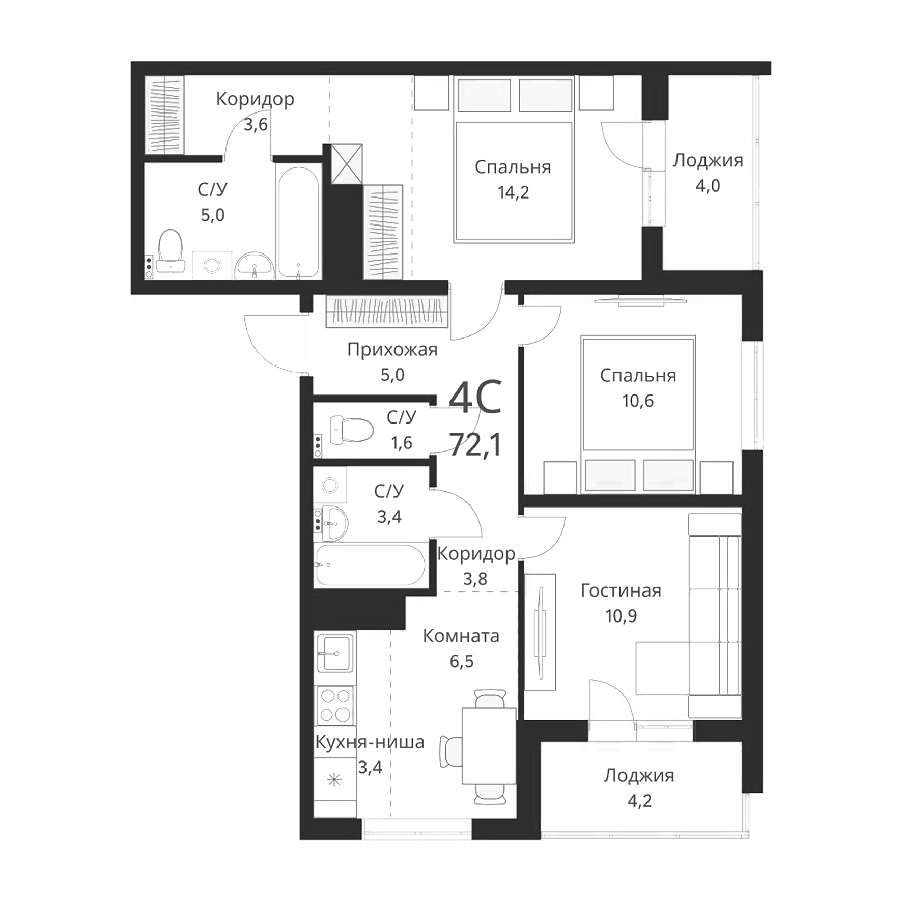 Планировка — Виноград, 4-комн., 68 м²