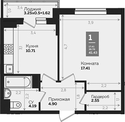 Планировка — Левада, 1-комн., 40 м²