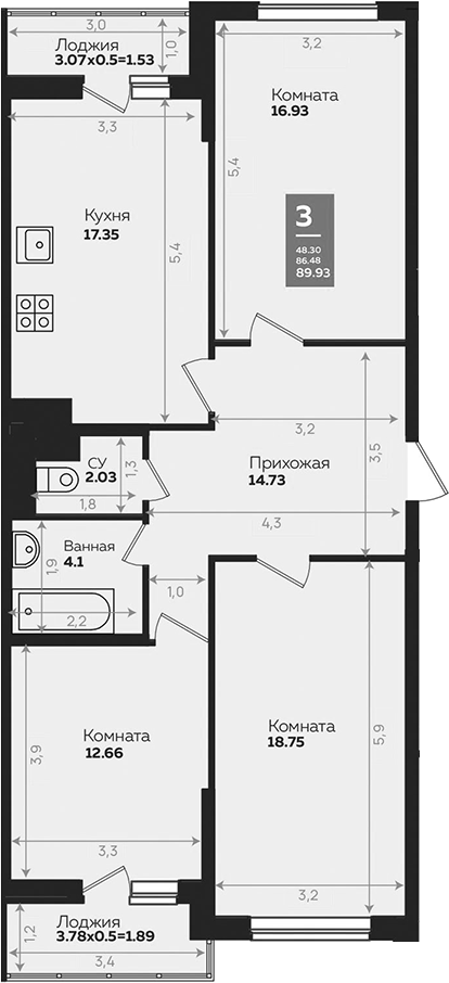 Планировка — Левада, 3-комн., 86 м²