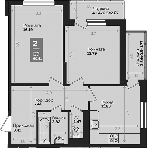 Планировка — Левада, 2-комн., 57 м²