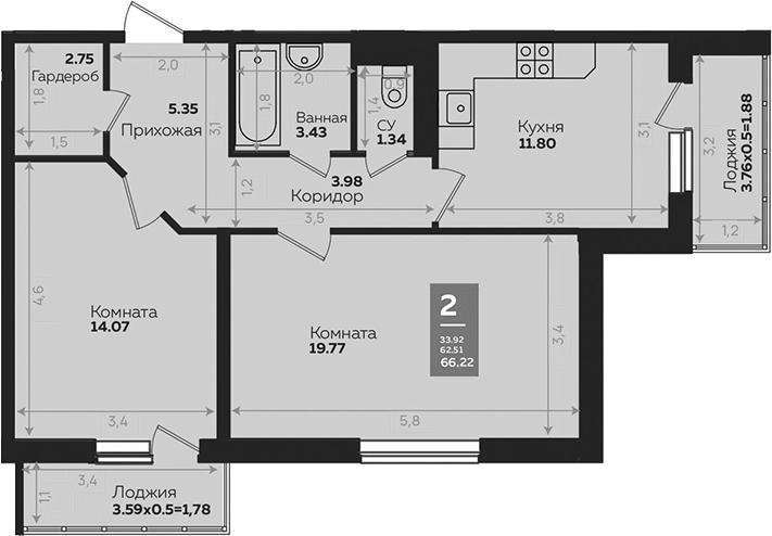 Планировка — Левада, 2-комн., 62 м²