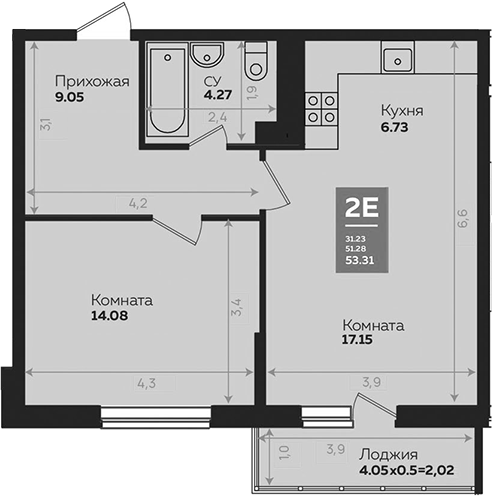 Планировка — Левада, 2-комн., 51 м²
