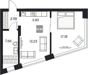 Планировка — Аэрон, 2-комн., 48 м²