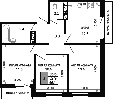 Планировка — Дыхание (АСК), 3-комн., 64 м²