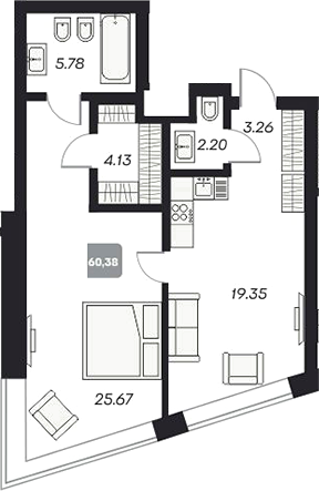Планировка — Аэрон, 2-комн., 61 м²