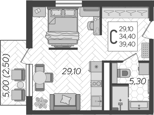 Планировка — LeePrime Residences Polyana Sochi, Студия, 34 м²