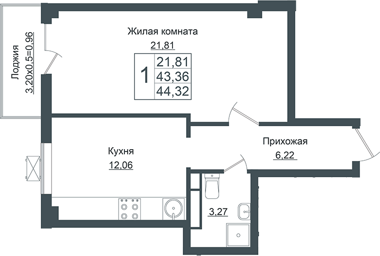 Планировка — Европа-Сити, 1-комн., 43 м²