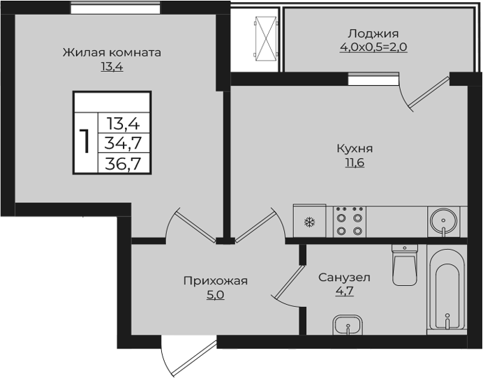 Планировка — Европа-Сити, 1-комн., 35 м²